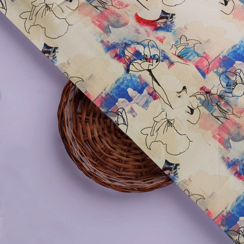 Abstract Floral Sketch Print on Cream Japan Satin Fabric