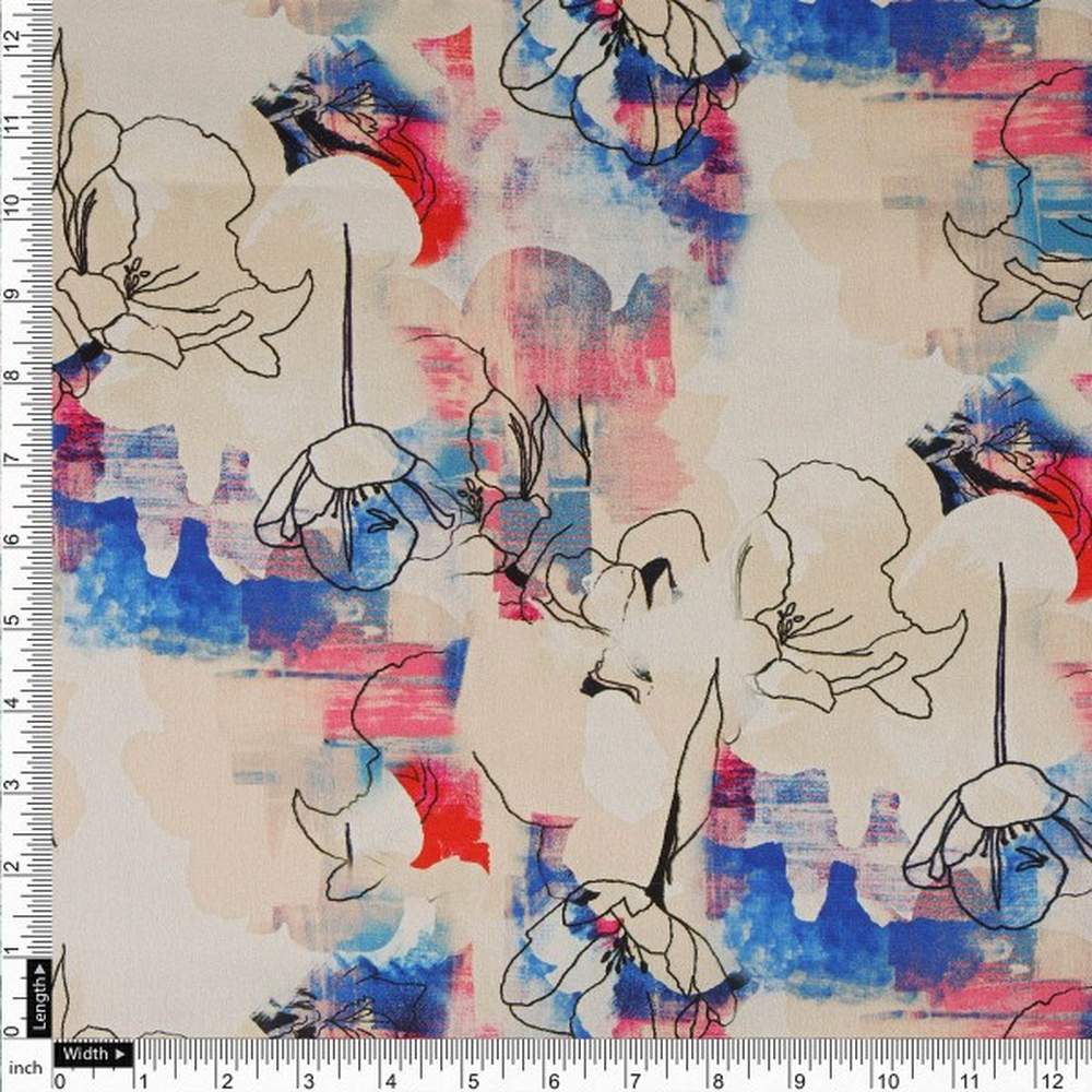 Abstract Floral Sketch Print on Cream Japan Satin Fabric