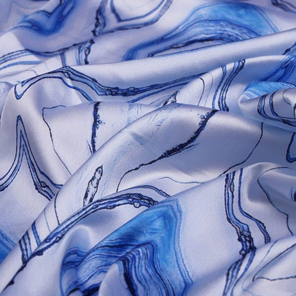 Blue and White Agate Abstract Print Japan Satin Fabric