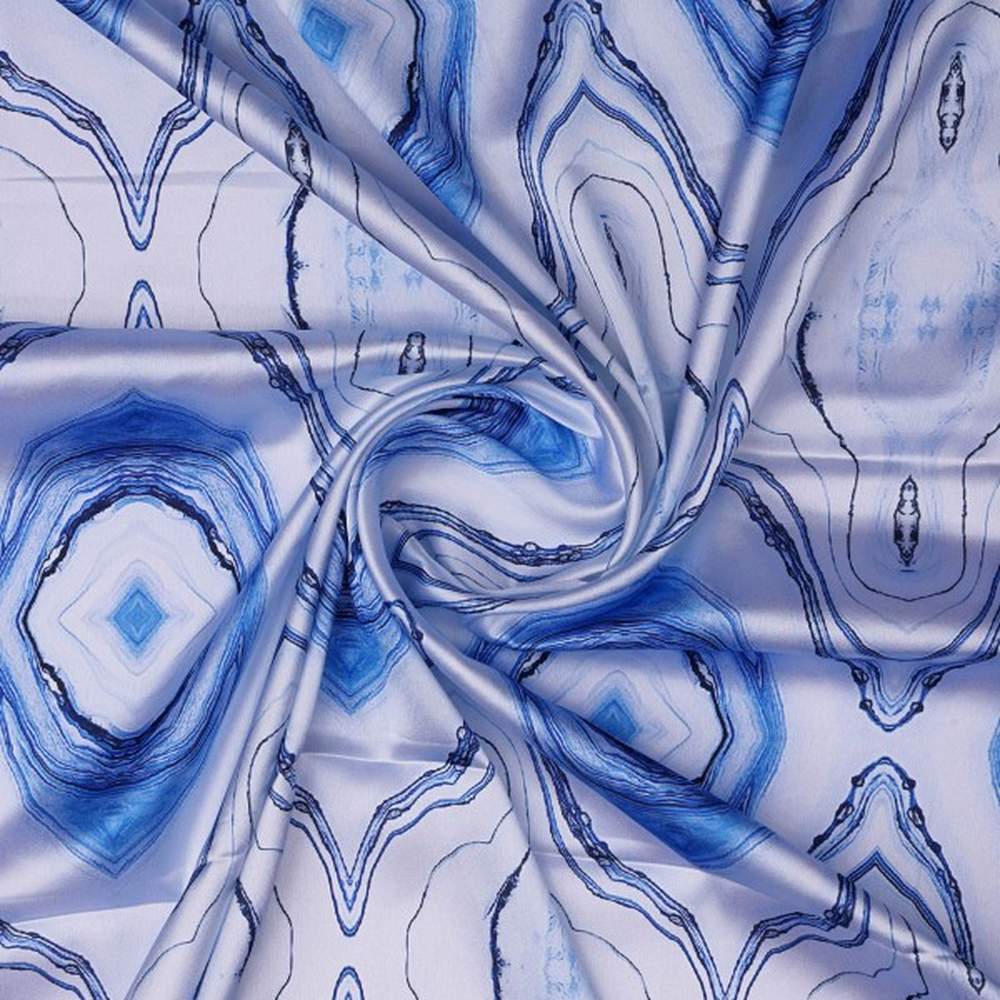 Blue and White Agate Abstract Print Japan Satin Fabric