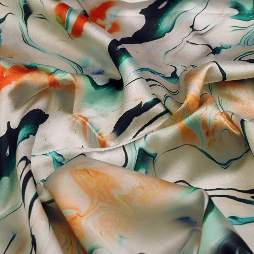 Abstract Marble Print Japan Satin Fabric in Orange & Green – js 0 ta06342 110 1