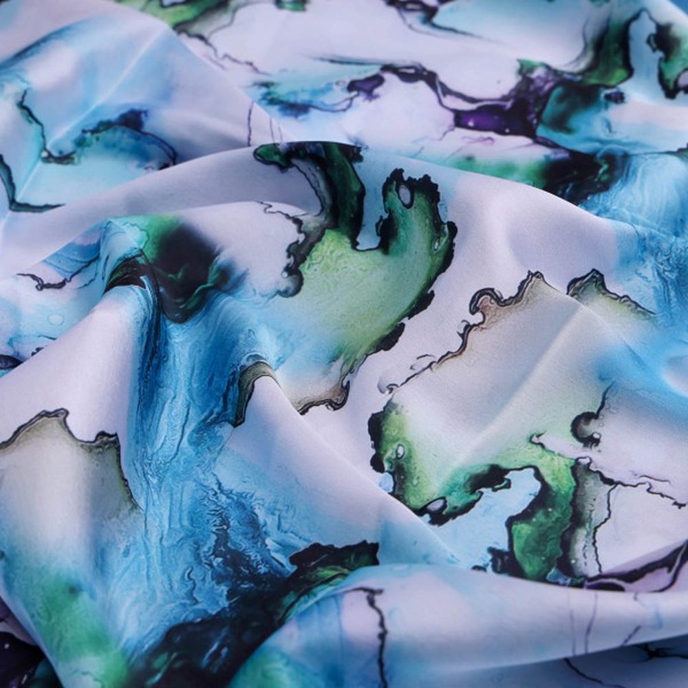 Blue & Green Abstract Marble Print Japan Satin Fabric
