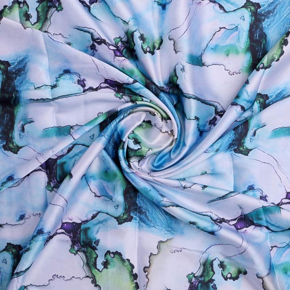 Blue & Green Abstract Marble Print Japan Satin Fabric
