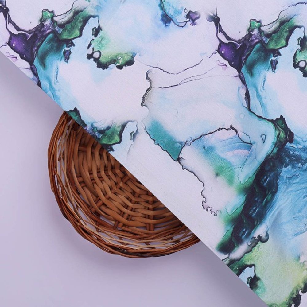 Blue & Green Abstract Marble Print Japan Satin Fabric