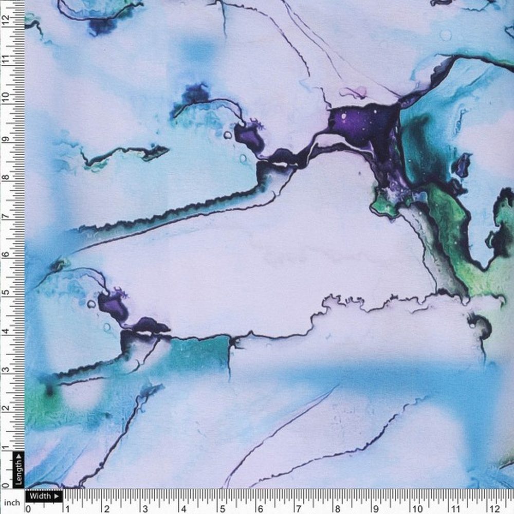 Blue & Green Abstract Marble Print Japan Satin Fabric