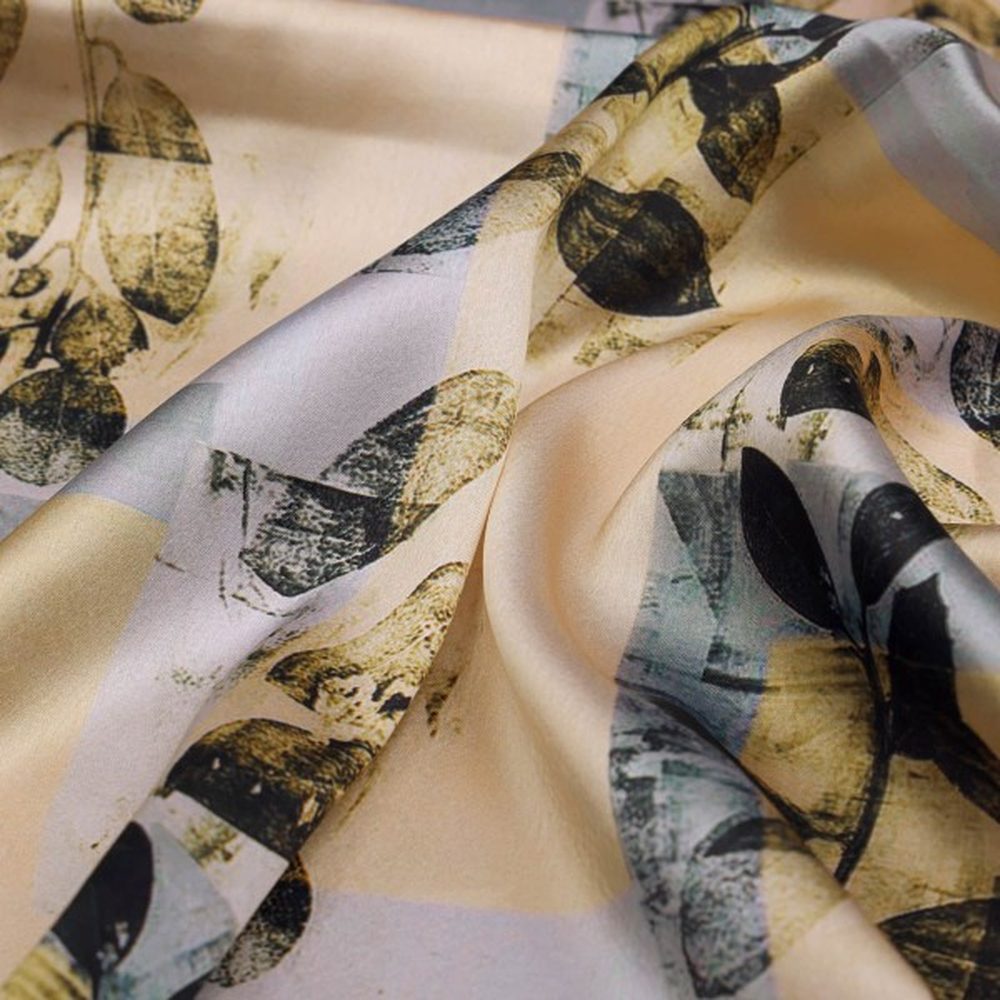 Artistic Leaf Print on Cream & Grey Japan Satin Fabric