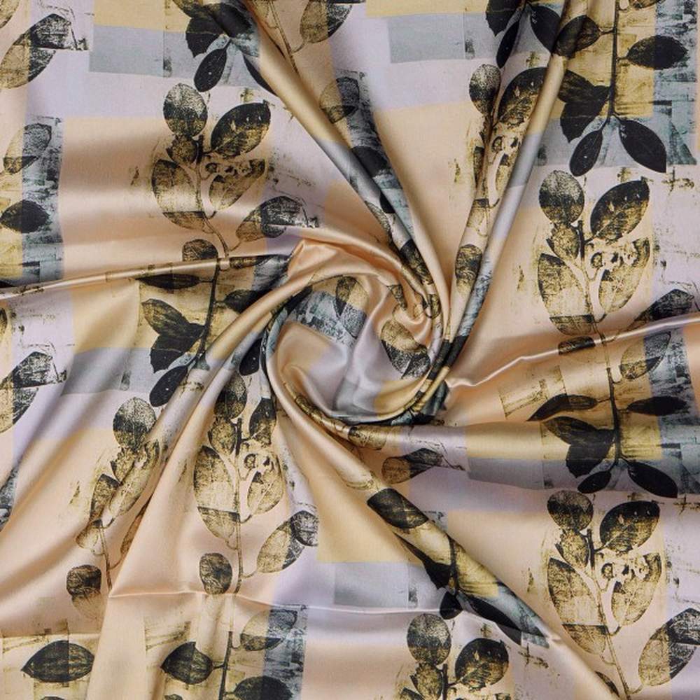 Artistic Leaf Print on Cream & Grey Japan Satin Fabric