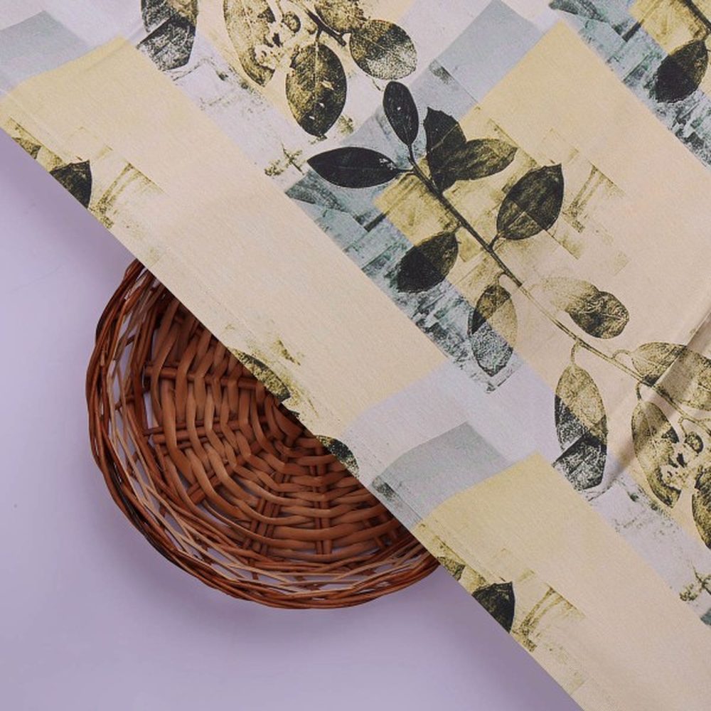 Artistic Leaf Print on Cream & Grey Japan Satin Fabric