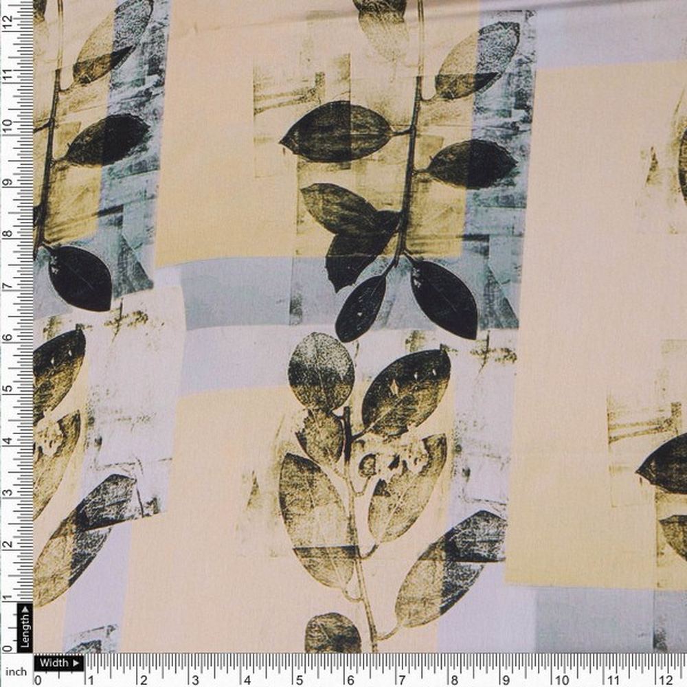 Artistic Leaf Print on Cream & Grey Japan Satin Fabric