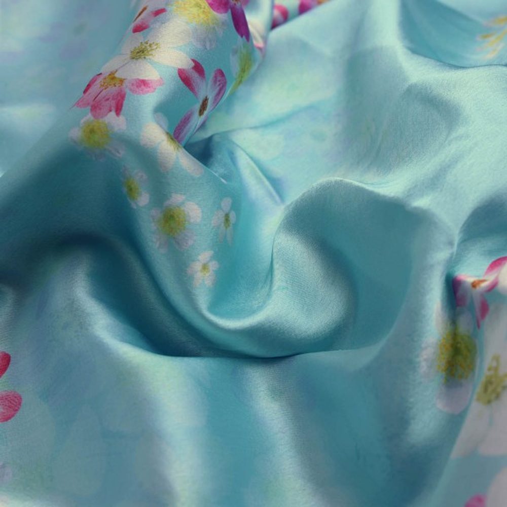 Sky Blue & Pink Blossom Printed Japan Satin Fabric