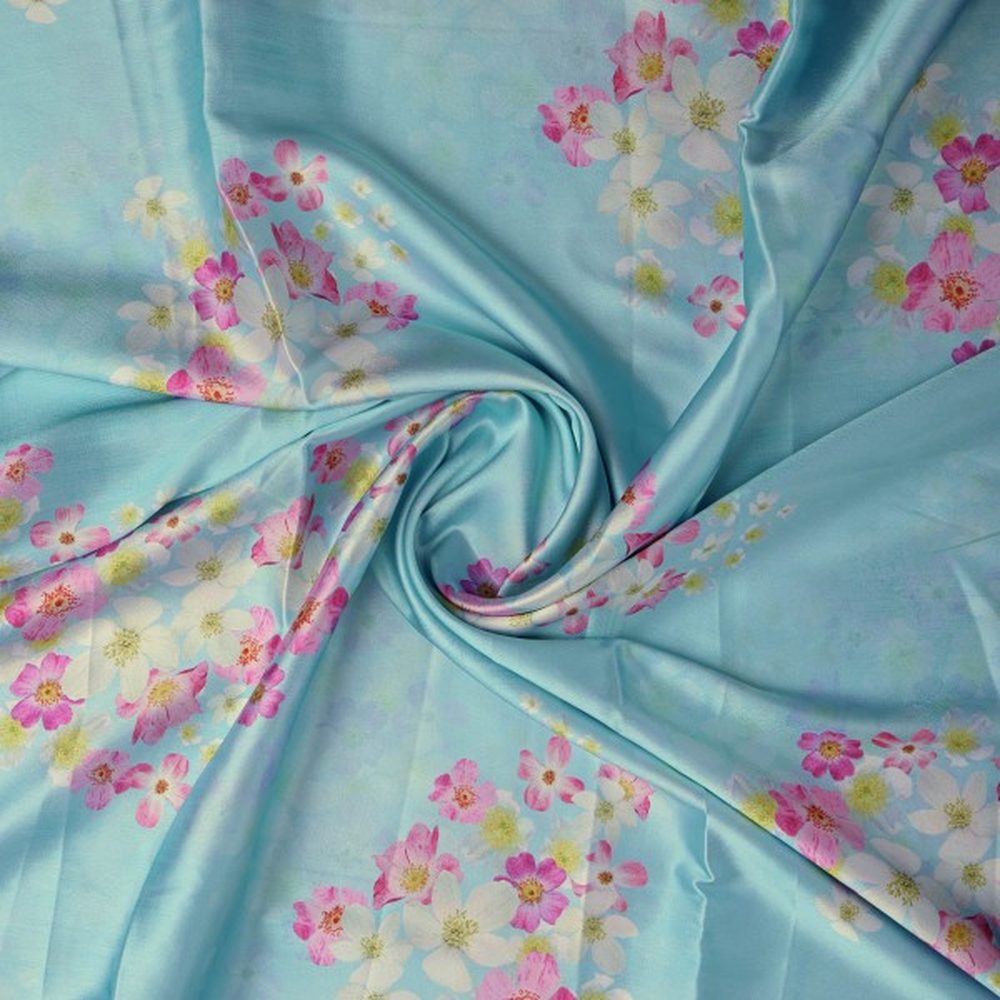 Sky Blue & Pink Blossom Printed Japan Satin Fabric