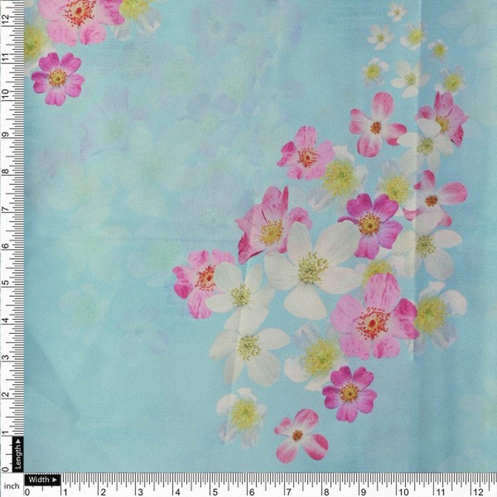 Sky Blue & Pink Blossom Printed Japan Satin Fabric
