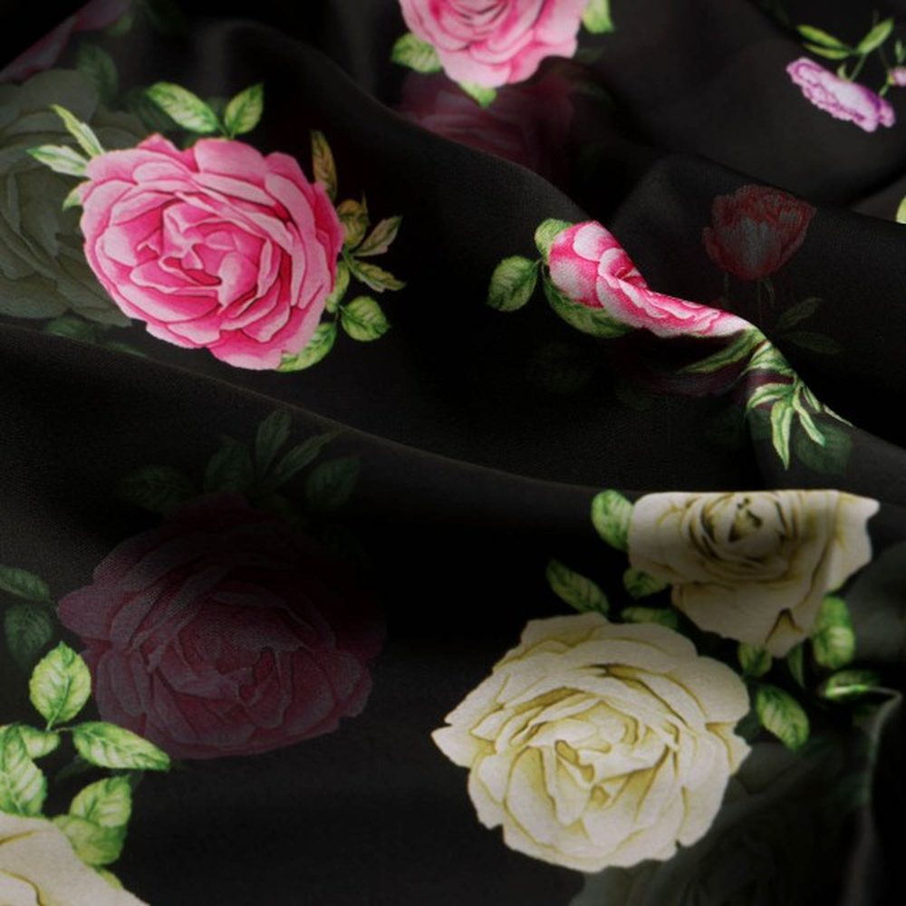 Black & Pink Rose Floral Printed Japan Satin Fabric