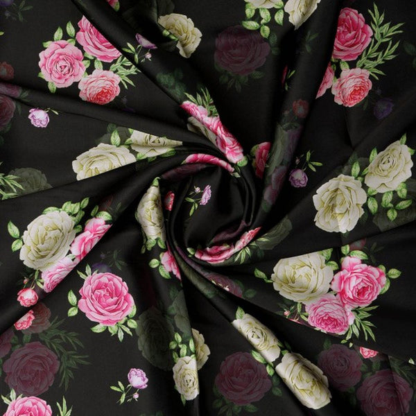 Black & Pink Rose Floral Printed Japan Satin Fabric – js 0 ta08400 110 2 - alternate view