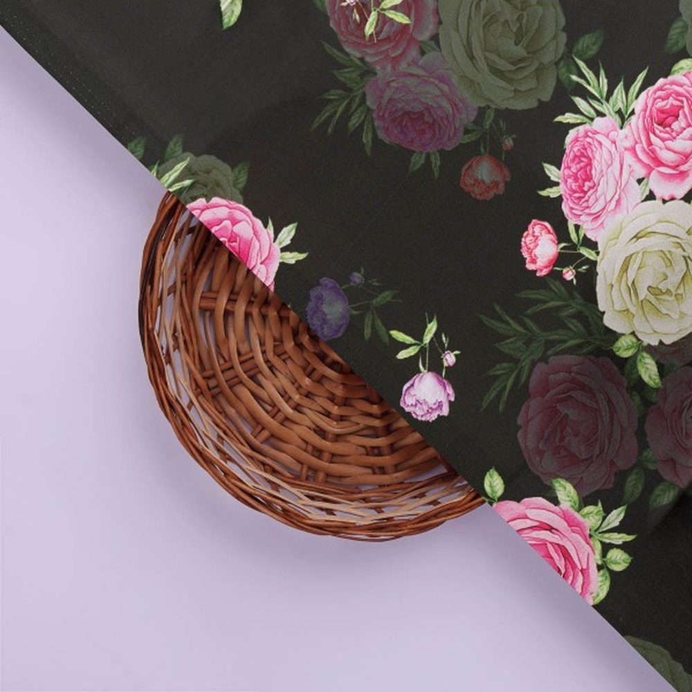 Black & Pink Rose Floral Printed Japan Satin Fabric