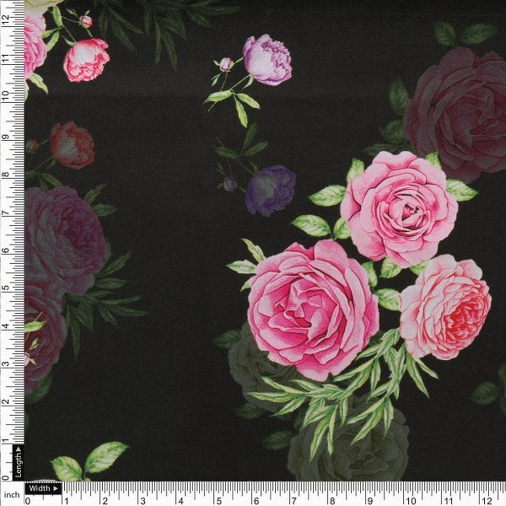 Black & Pink Rose Floral Printed Japan Satin Fabric