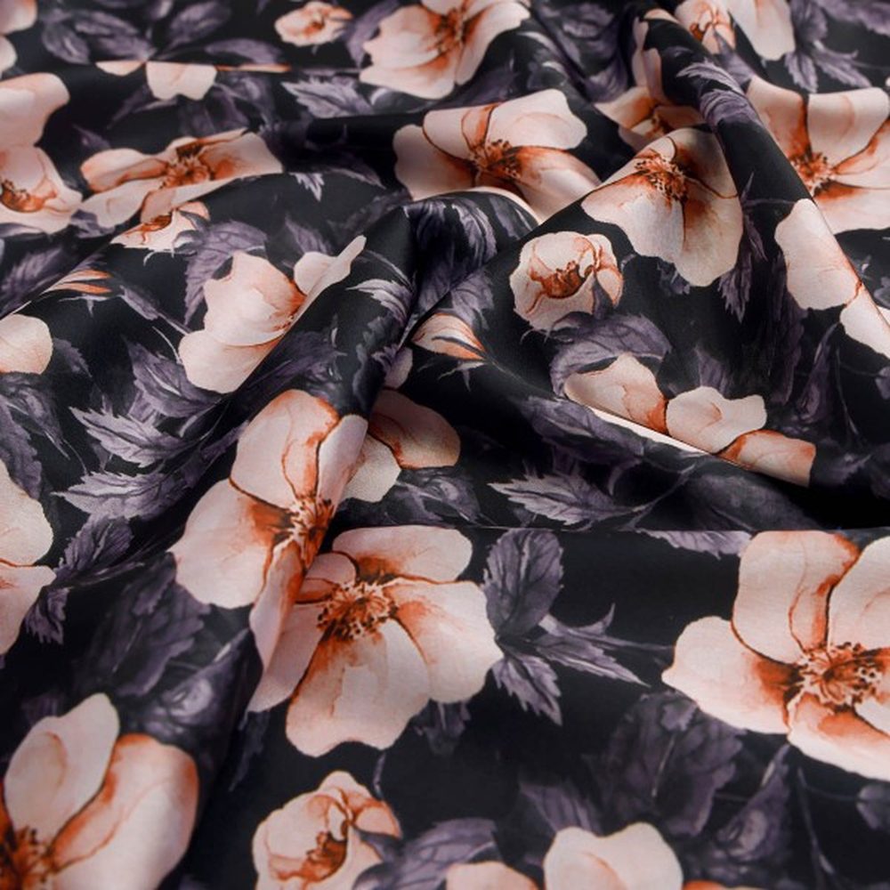 Peachy Floral Watercolour Print on Charcoal Japan Satin