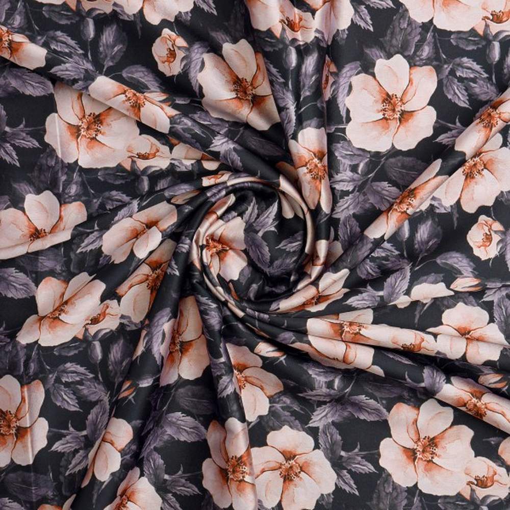 Peachy Floral Watercolour Print on Charcoal Japan Satin