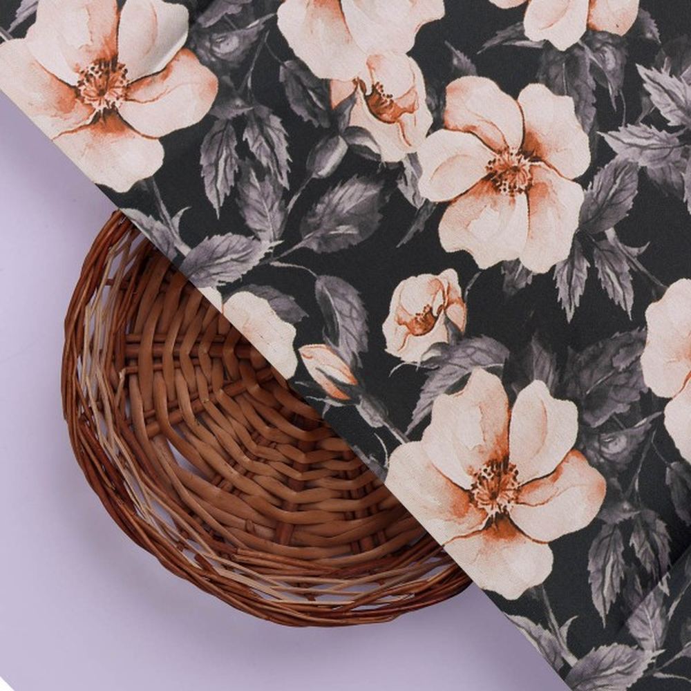 Peachy Floral Watercolour Print on Charcoal Japan Satin