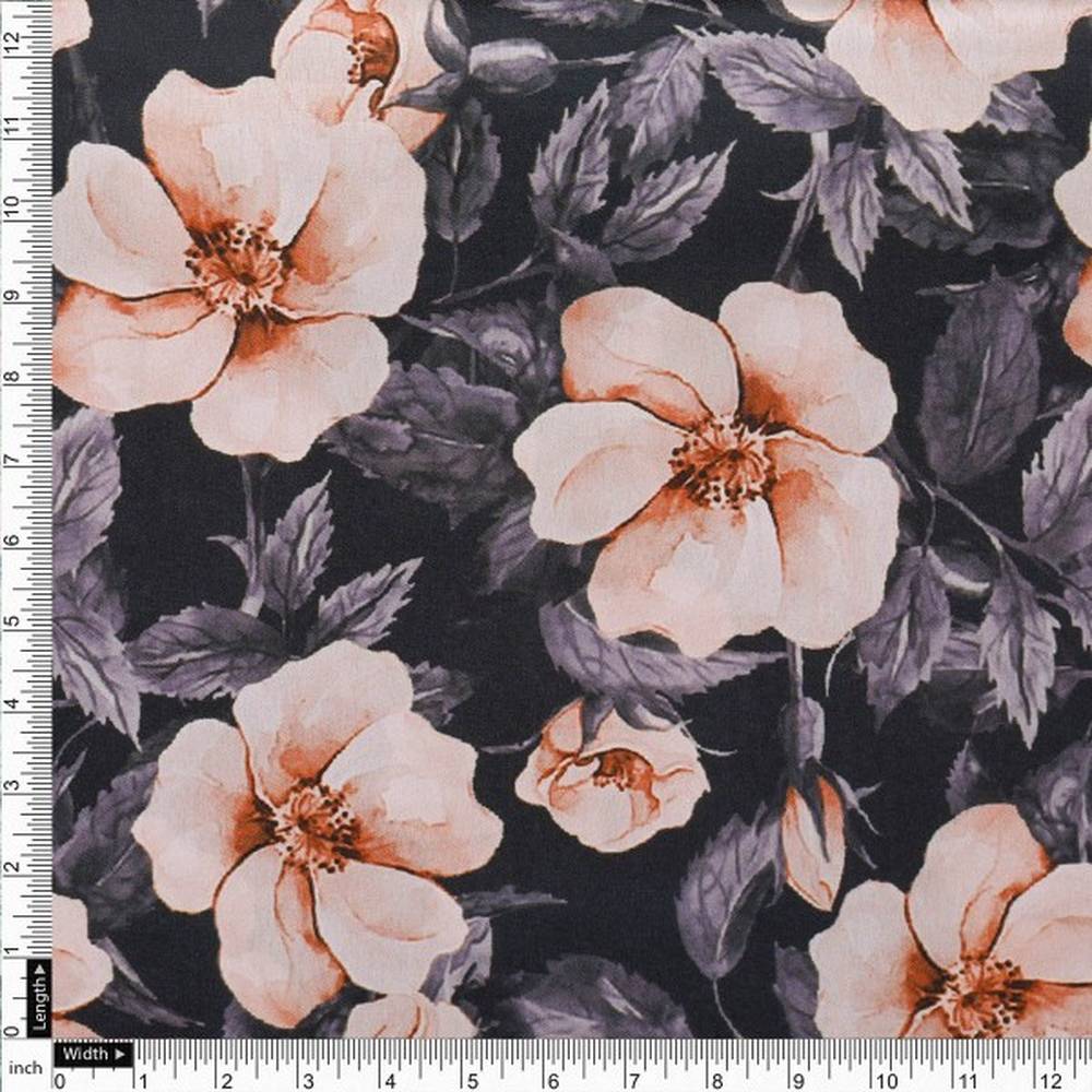 Peachy Floral Watercolour Print on Charcoal Japan Satin