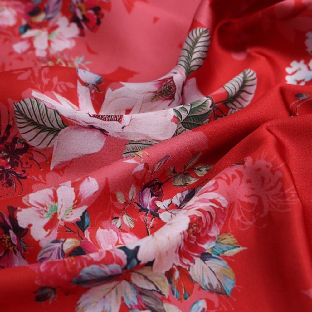 Vibrant Red & Pink Floral Printed Japan Satin Fabric