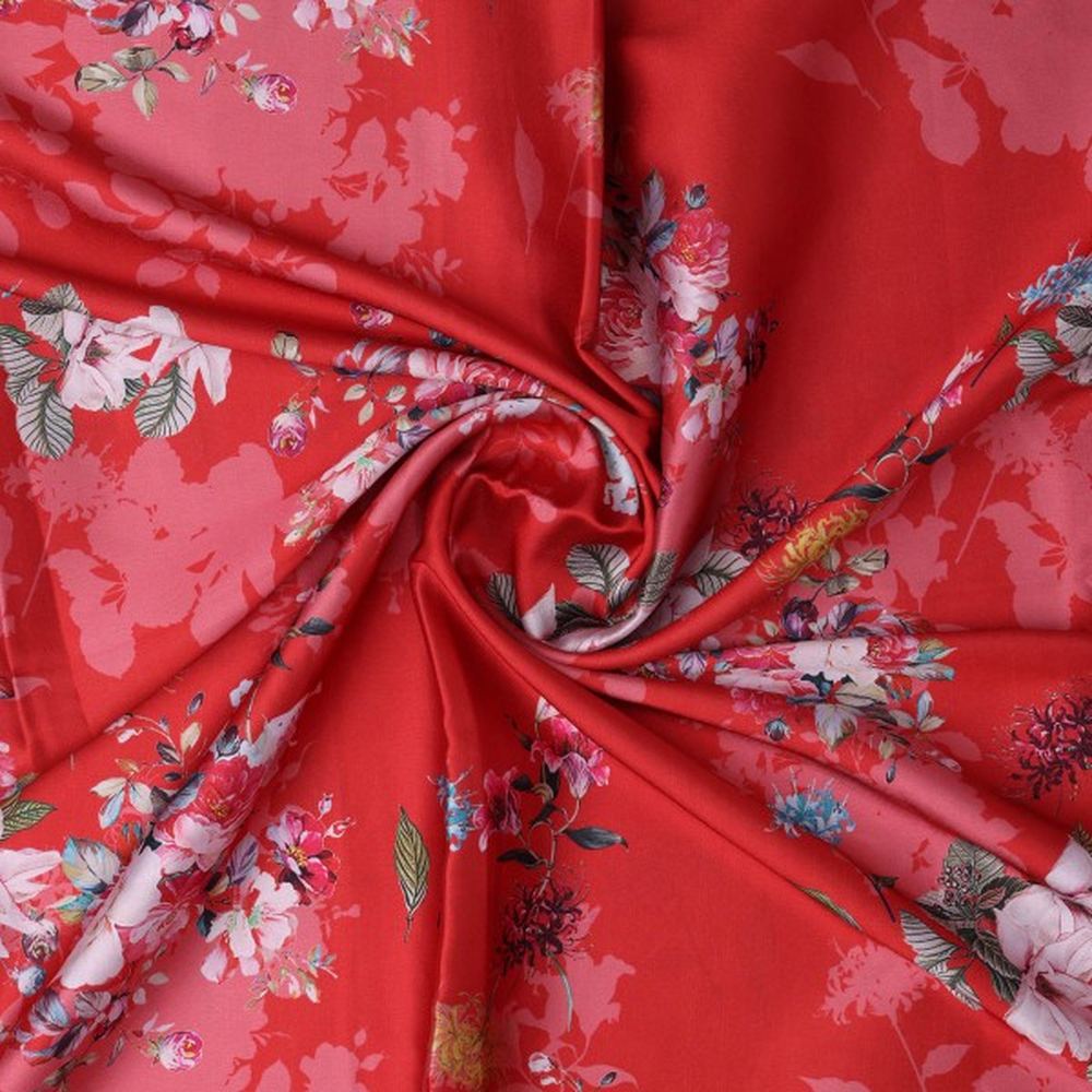 Vibrant Red & Pink Floral Printed Japan Satin Fabric