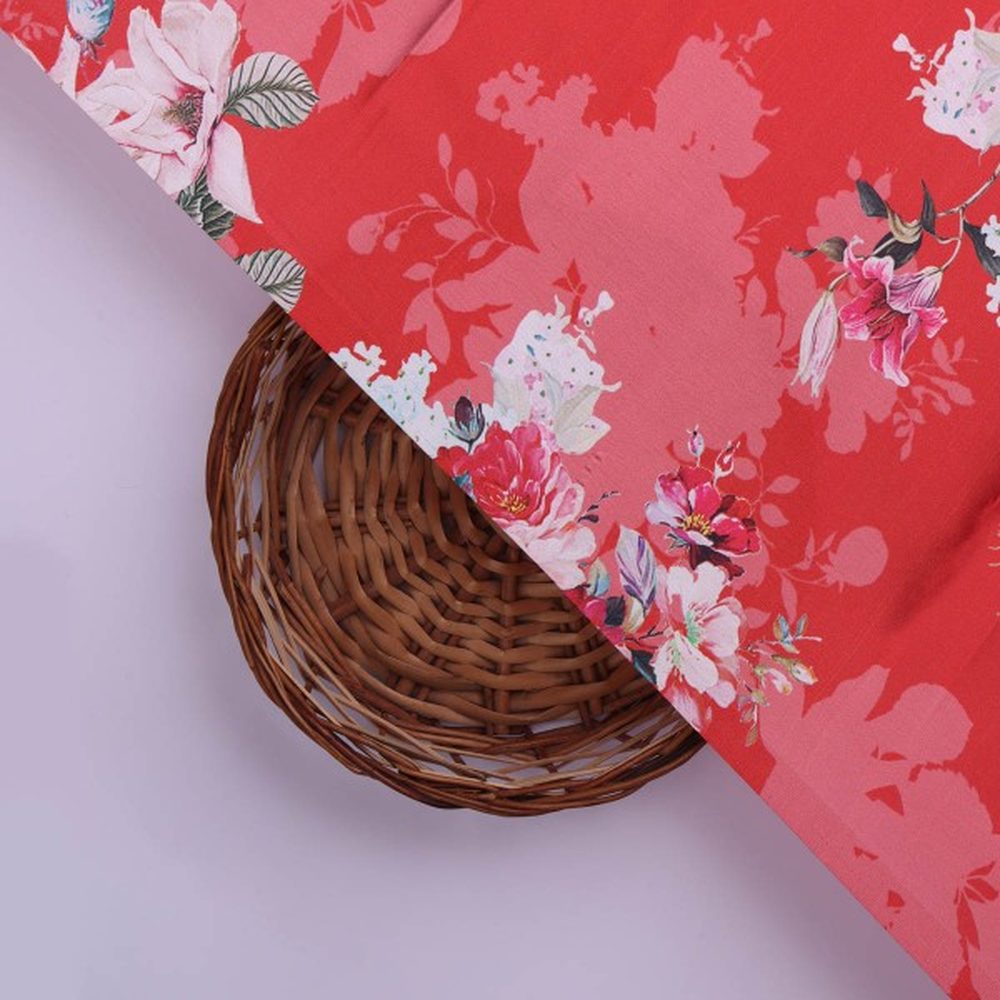 Vibrant Red & Pink Floral Printed Japan Satin Fabric
