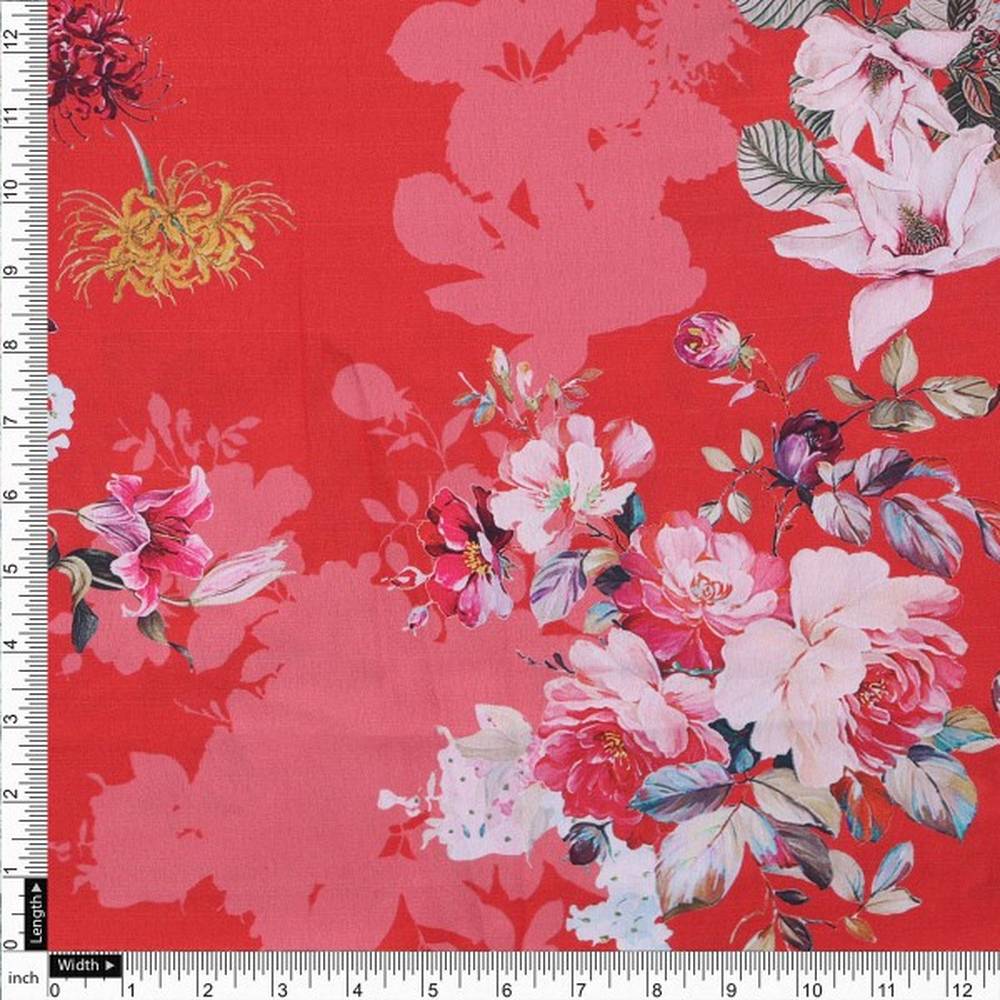Vibrant Red & Pink Floral Printed Japan Satin Fabric