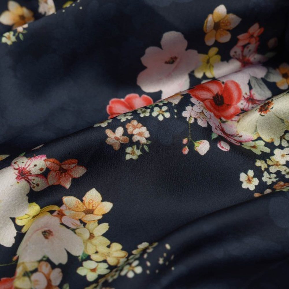 Navy Blue & Multi Colour Floral Bloom Japan Satin Fabric – js 0 ta08575 110 1