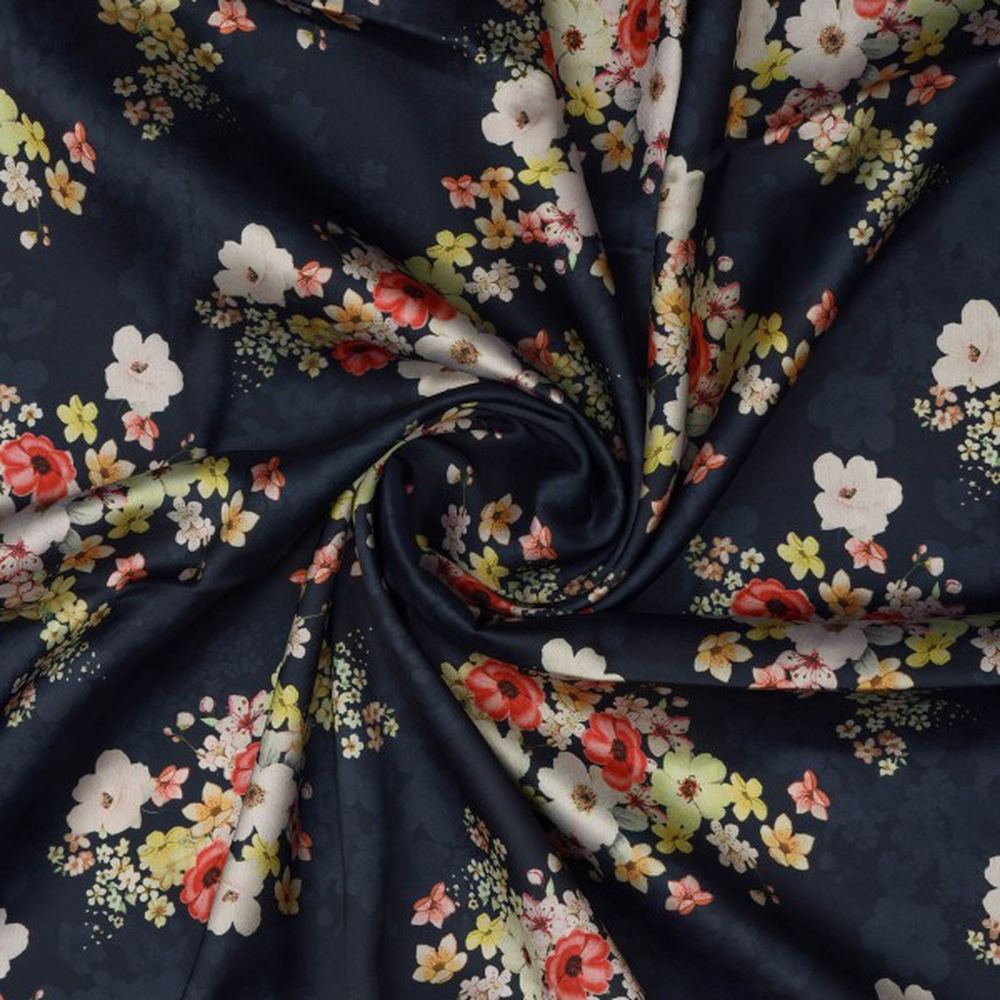 Navy Blue & Multi Colour Floral Bloom Japan Satin Fabric – js 0 ta08575 110 2