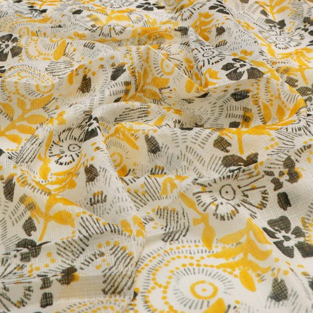 Yellow & Grey Bohemian Floral Print Kota Doria Fabric – kd 0 ja000089 110 1