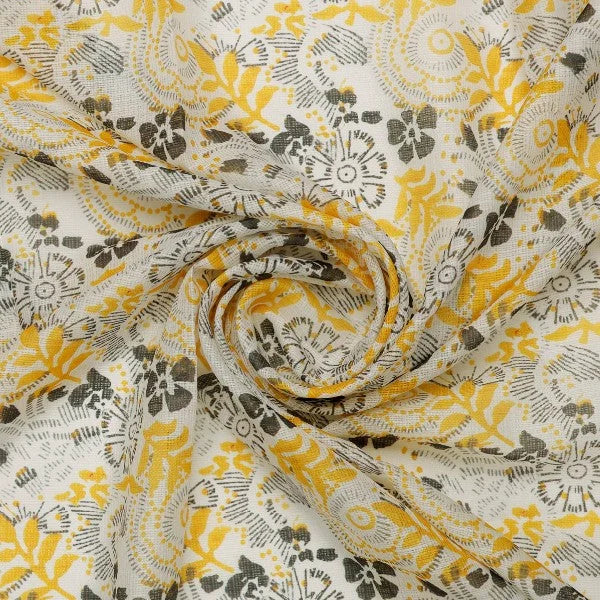 Yellow & Grey Bohemian Floral Print Kota Doria Fabric – kd 0 ja000089 110 2