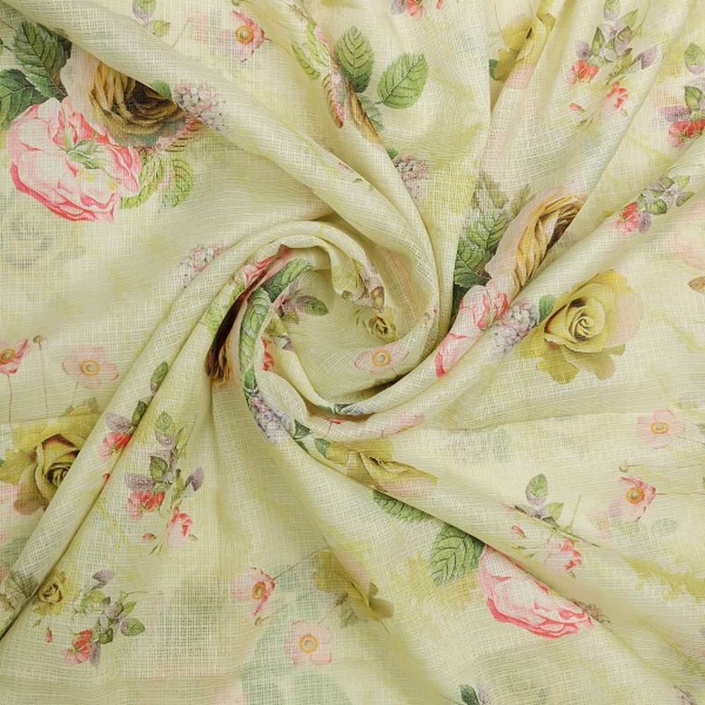 Polyester Kota Doria Floral Print in Cream Yellow & Pink – kd 0 ta07531 110 2