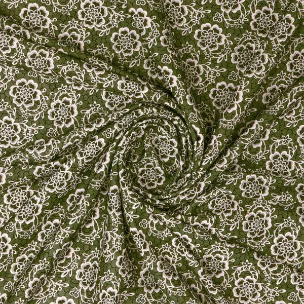 Delicate Floral Lace Print on Olive Green Muslin Fabric – mu 0 ma011038 114 2