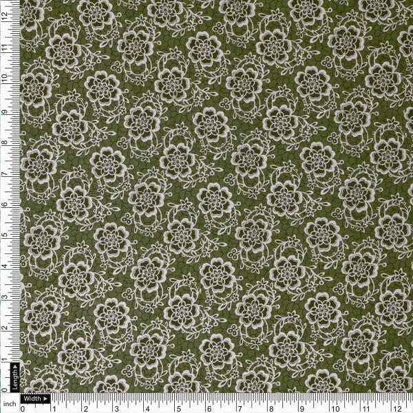 Delicate Floral Lace Print on Olive Green Muslin Fabric – mu 0 ma011038 114 4