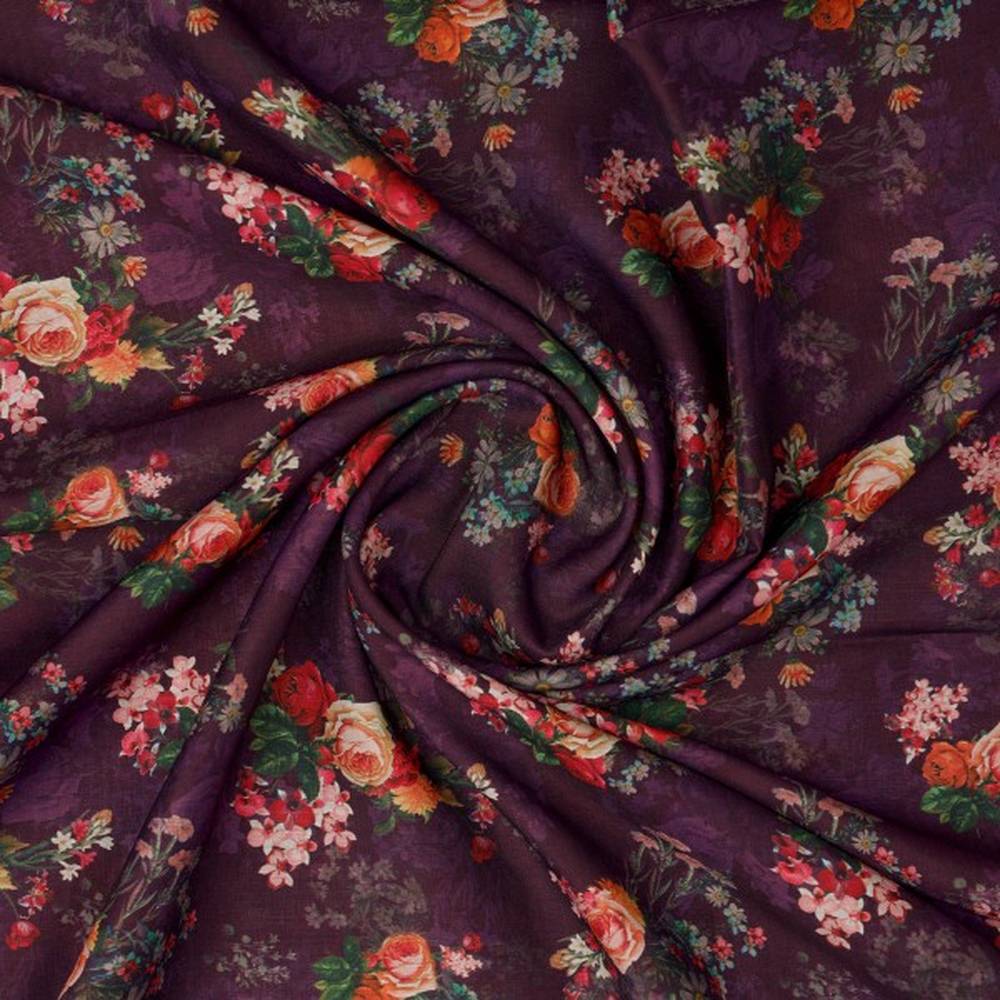 Vintage Floral Bouquet on Deep Purple Muslin Fabric – mu 0 ma023695 114 2
