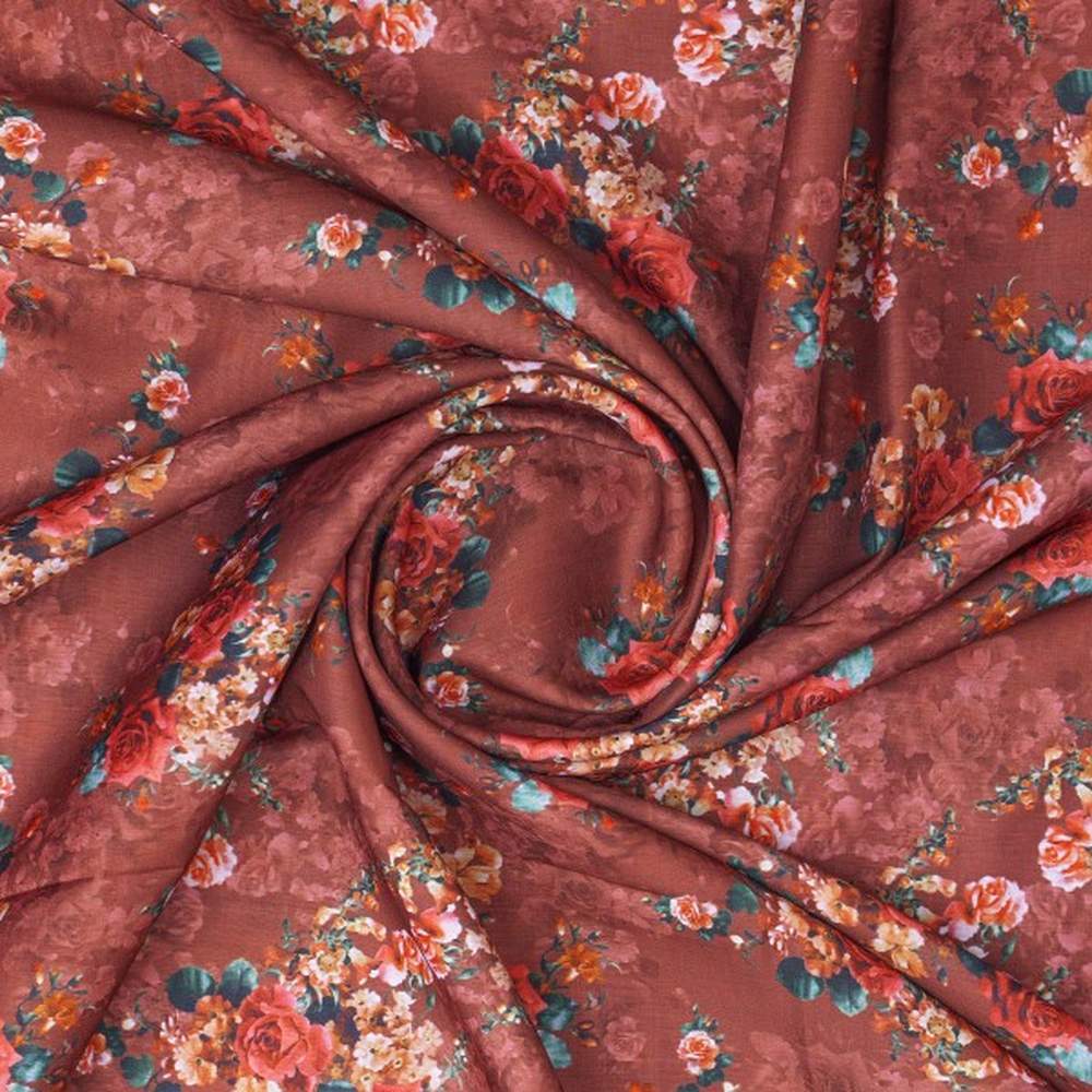 Rust Brown Vintage Rose Floral Printed Muslin Fabric – mu 0 ma023696 114 2