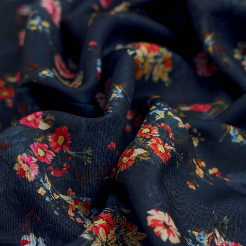 Vintage Ditsy Floral Garden Navy Blue Muslin Fabric