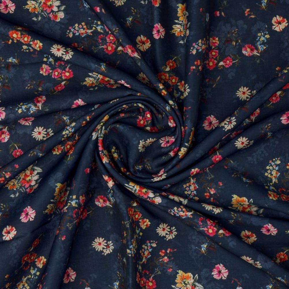 Vintage Ditsy Floral Garden Navy Blue Muslin Fabric