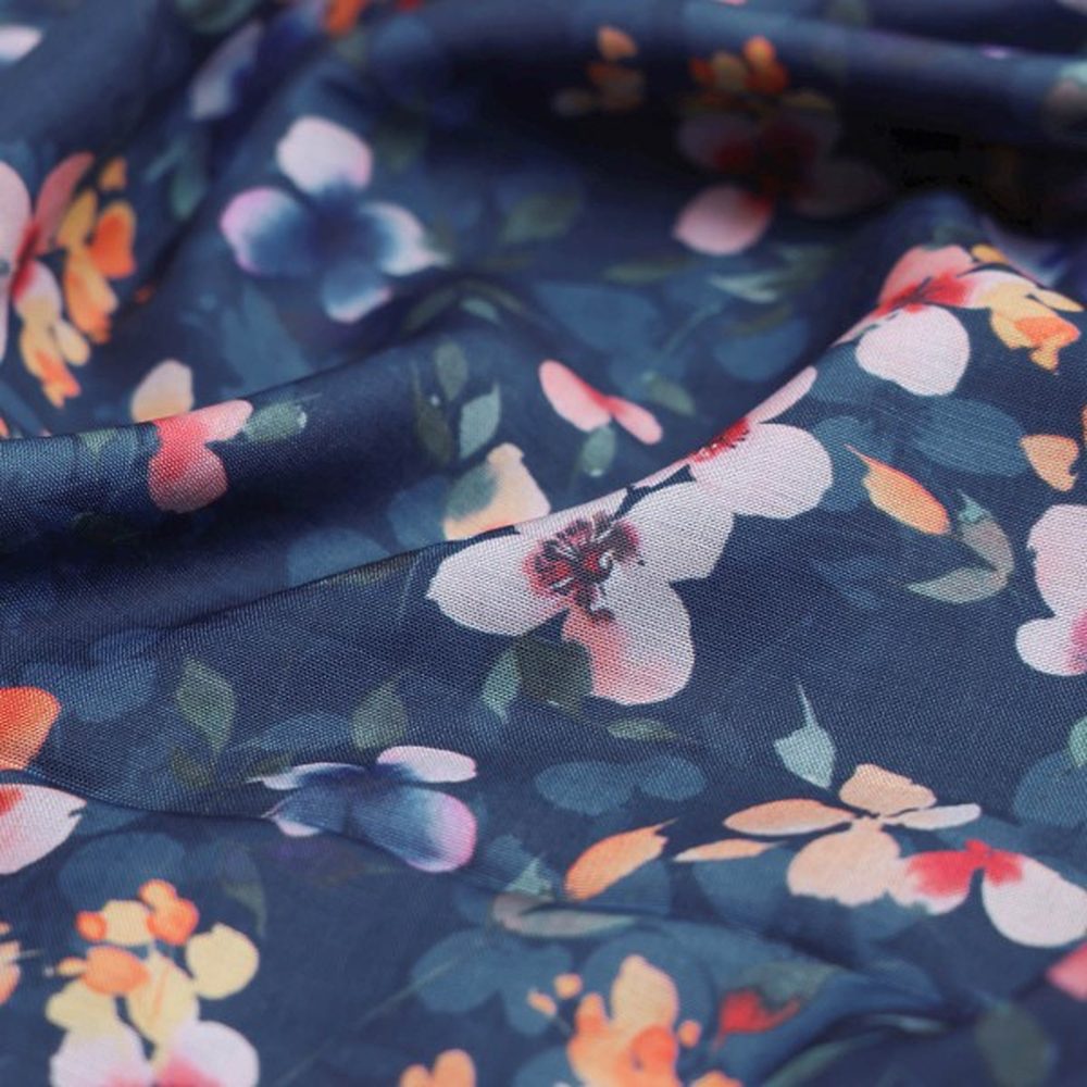 Navy Blue and Pink Watercolour Floral Muslin Fabric