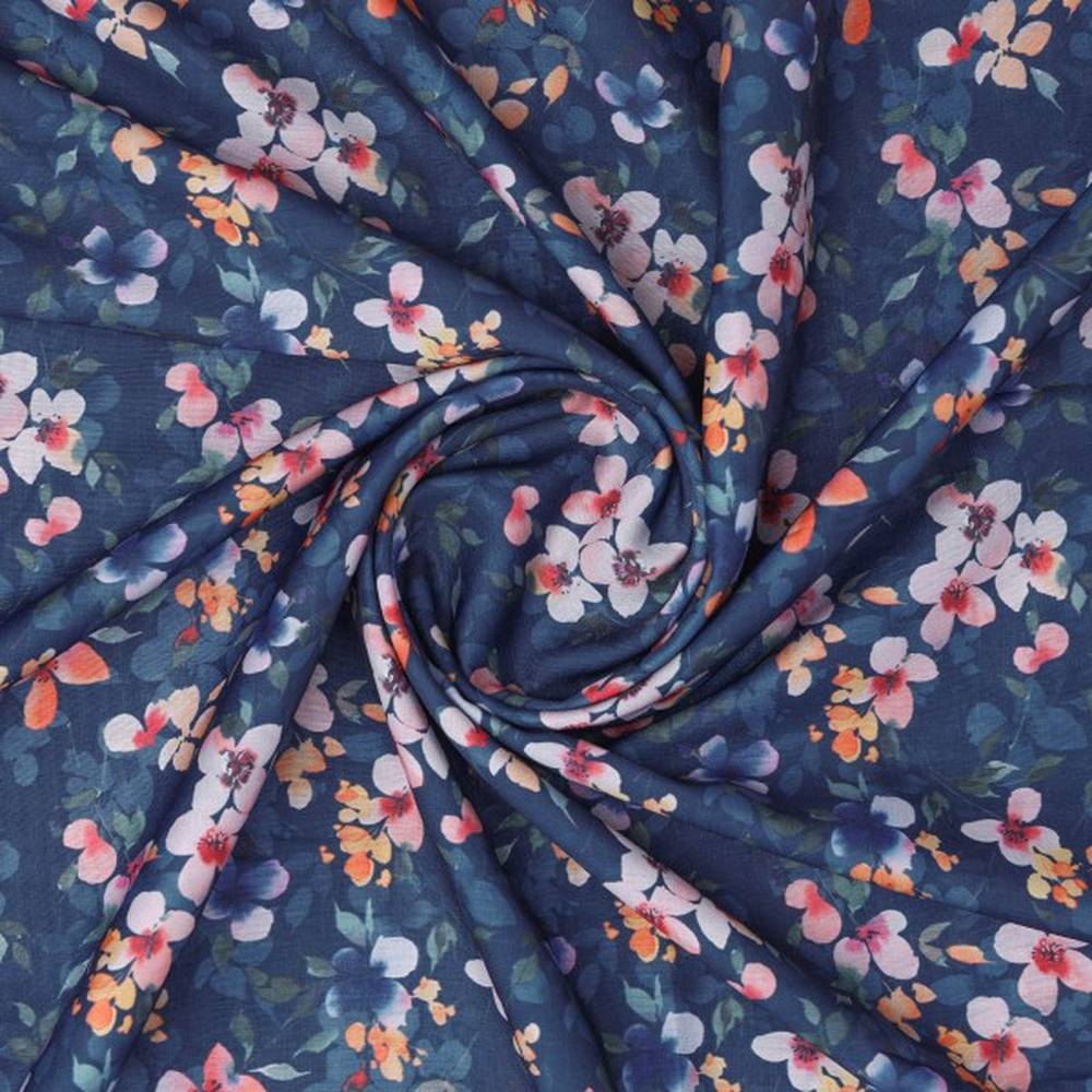 Navy Blue and Pink Watercolour Floral Muslin Fabric