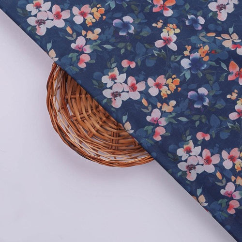 Navy Blue and Pink Watercolour Floral Muslin Fabric
