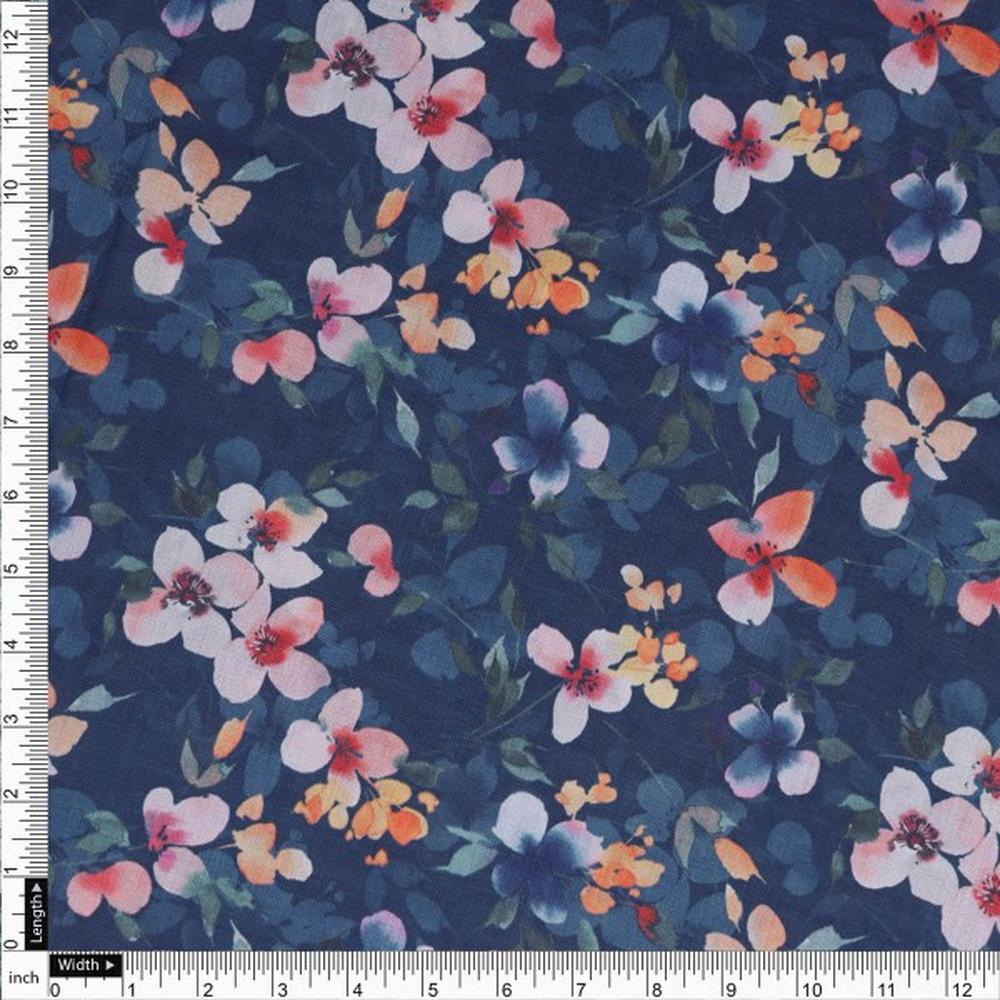 Navy Blue and Pink Watercolour Floral Muslin Fabric