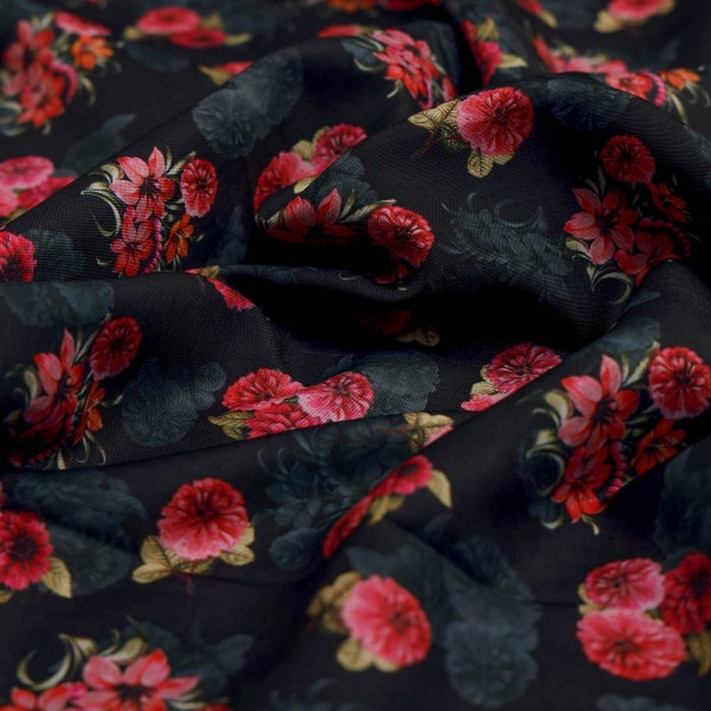 Enchanting Red Floral Bunch on Black Muslin Fabric – mu 0 ma023702 114 1