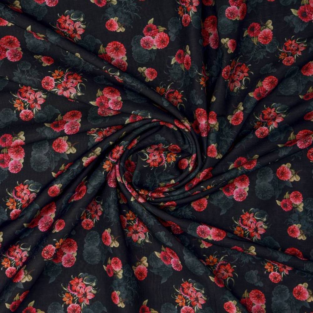 Enchanting Red Floral Bunch on Black Muslin Fabric – mu 0 ma023702 114 2
