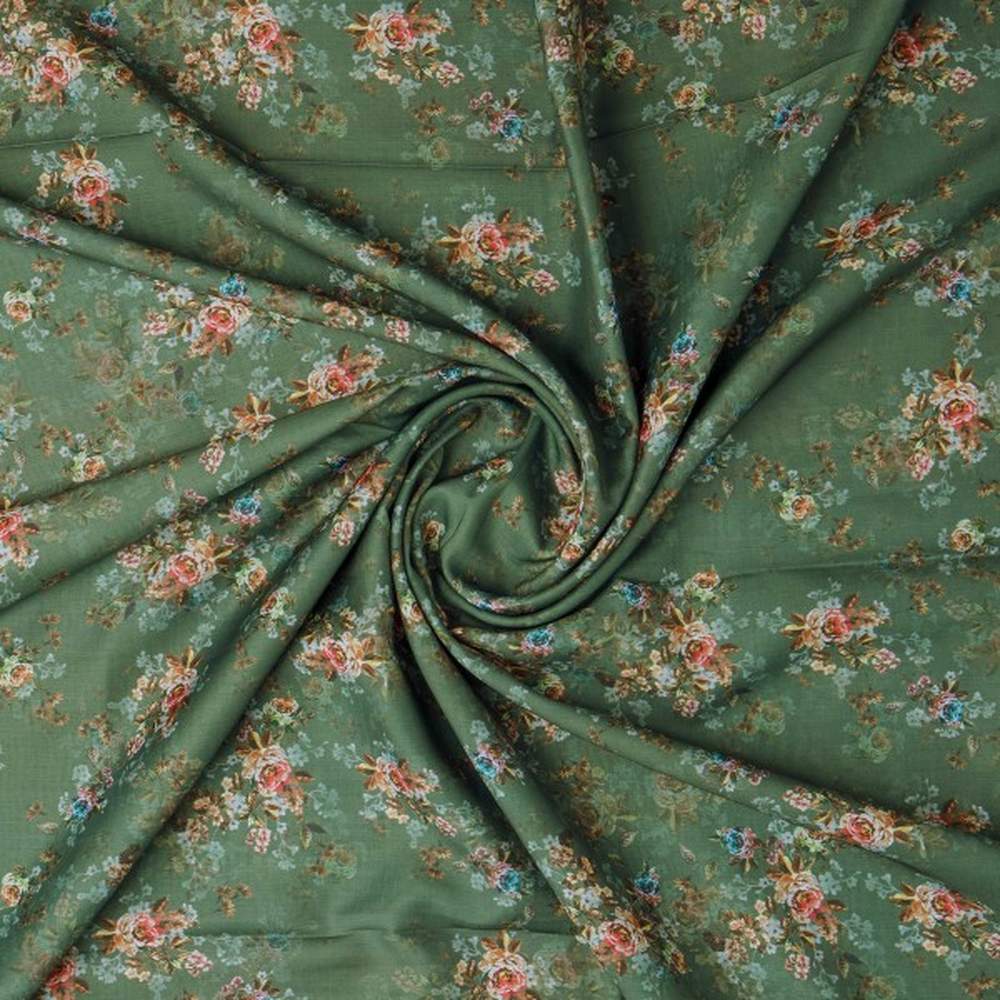 Vintage Rose Floral Print on Olive Green Muslin Fabric