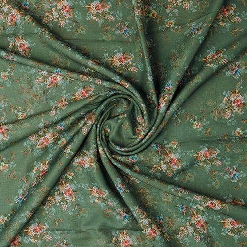 Vintage Rose Floral Print on Olive Green Muslin Fabric
