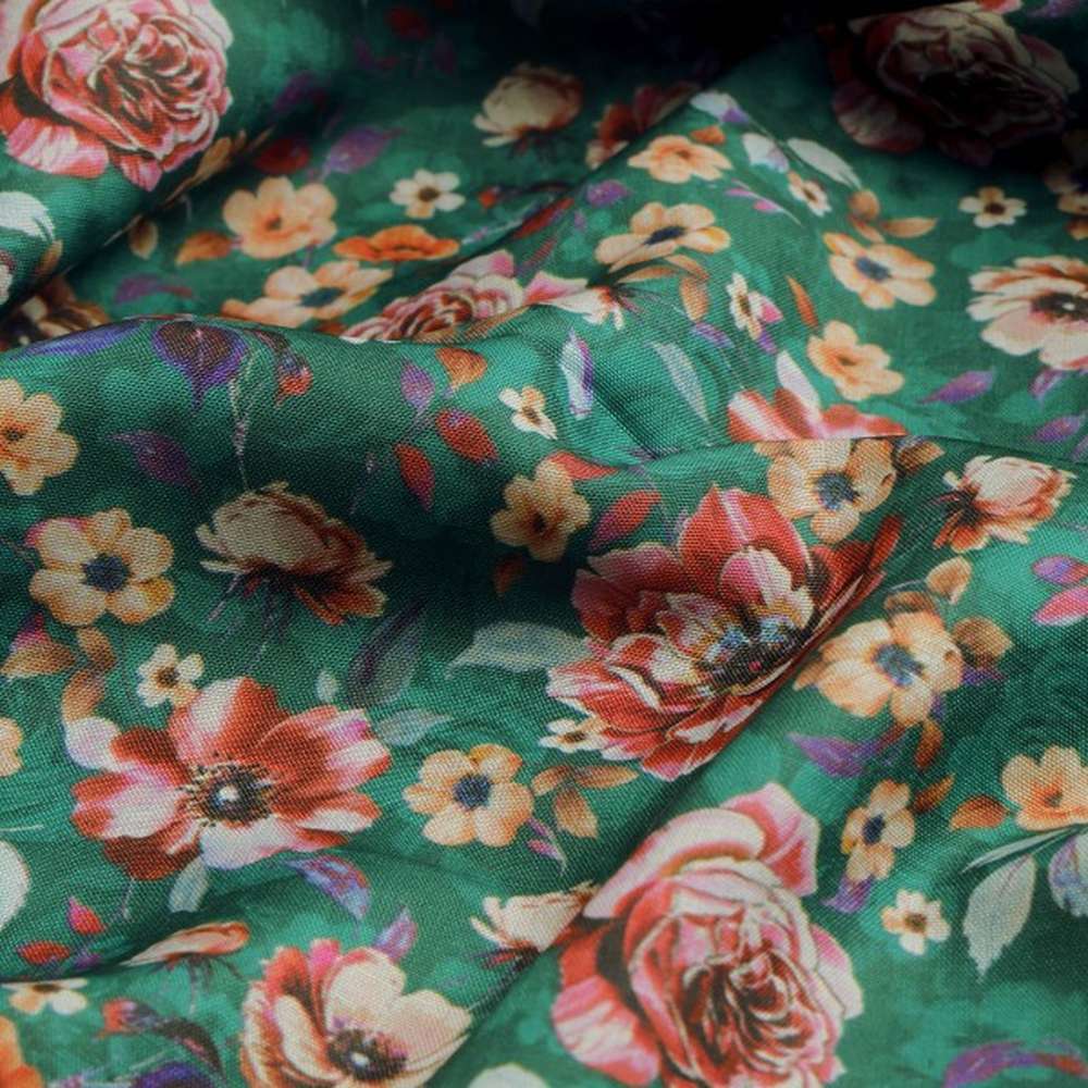 Lush Green & Coral Rose Floral Print Muslin Fabric – mu 0 ma023704 114 1