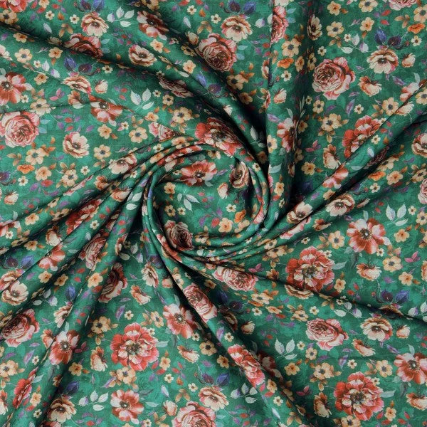 Lush Green & Coral Rose Floral Print Muslin Fabric – mu 0 ma023704 114 2