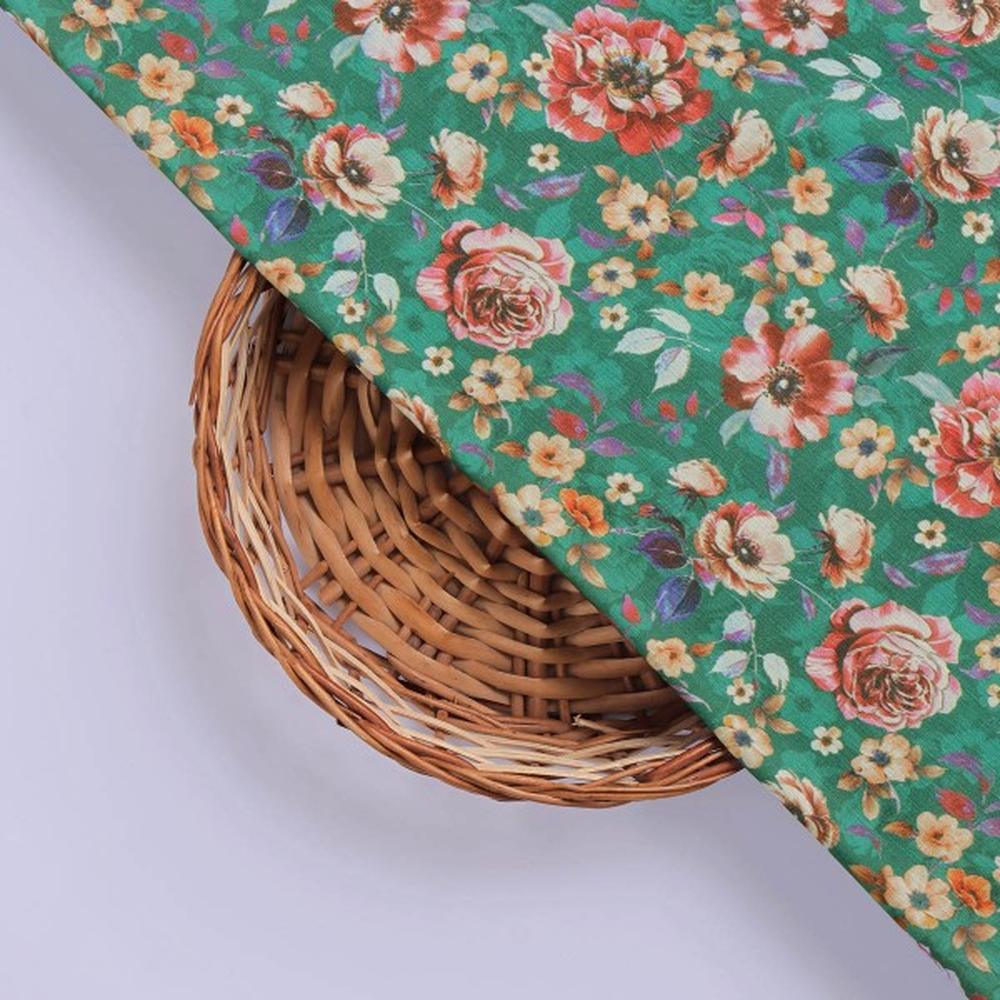 Lush Green & Coral Rose Floral Print Muslin Fabric – mu 0 ma023704 114 3